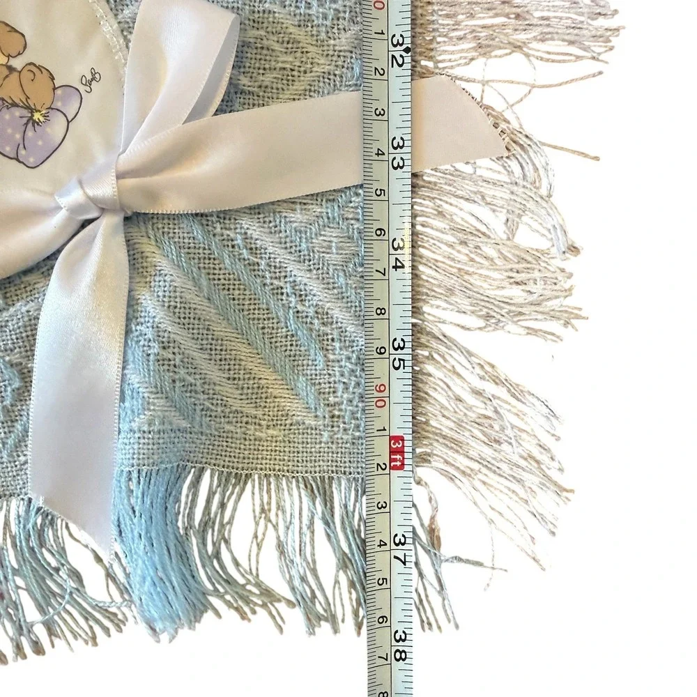 Vintage 1999 Precious Moments Blue Waffle Knit Baby Blanket Fringe Teddy Bear